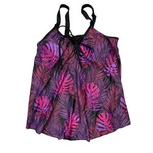 Daci Tankini Top Womens 14W Pink Purple New Tropical Palm Leaf Lace Up Hem